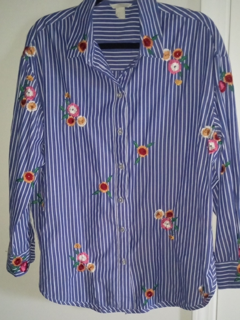 H&M Oversized Blue and White Striped Embroidered Floral Button-Up Shirt